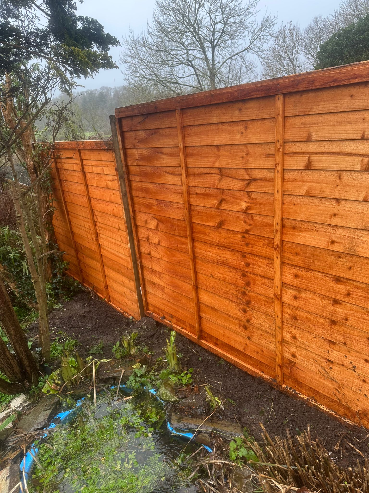 Treated timber fence posts being installed
